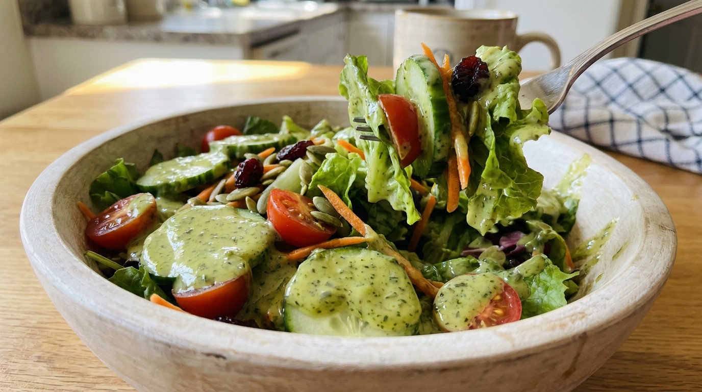 Frasco de ensalada fresca con capas de vegetales y pollo