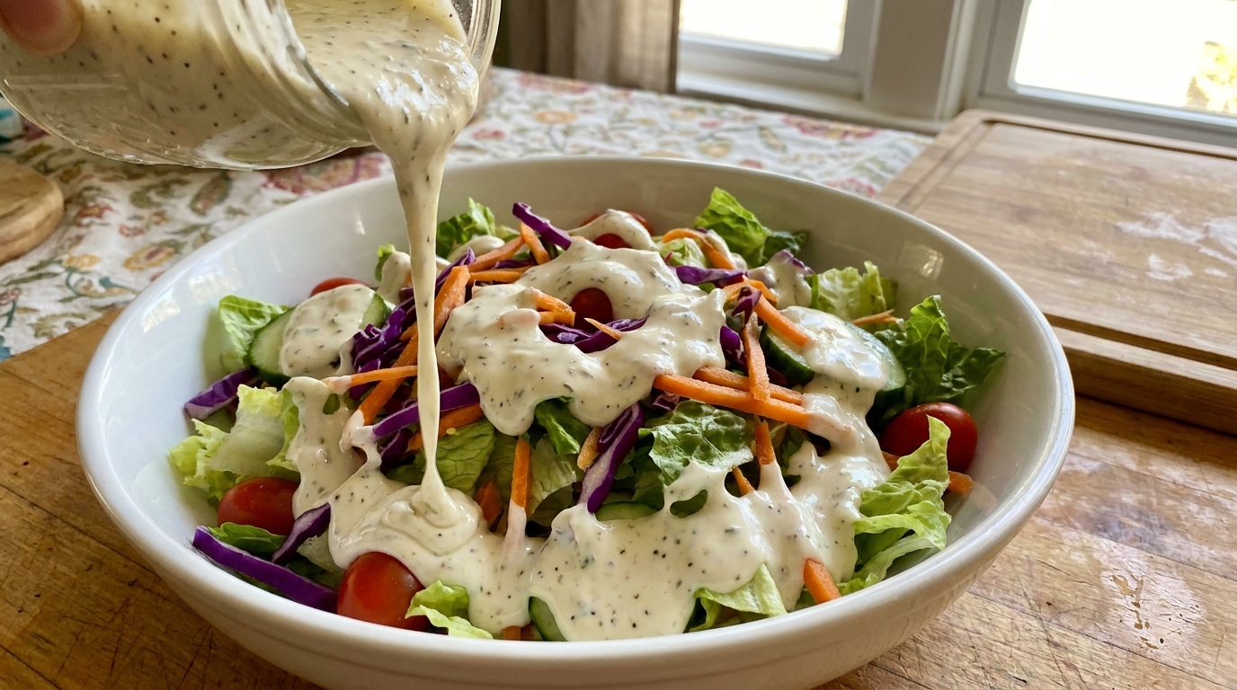 Aderezo cremoso cayendo sobre una ensalada con aguacate y semillas