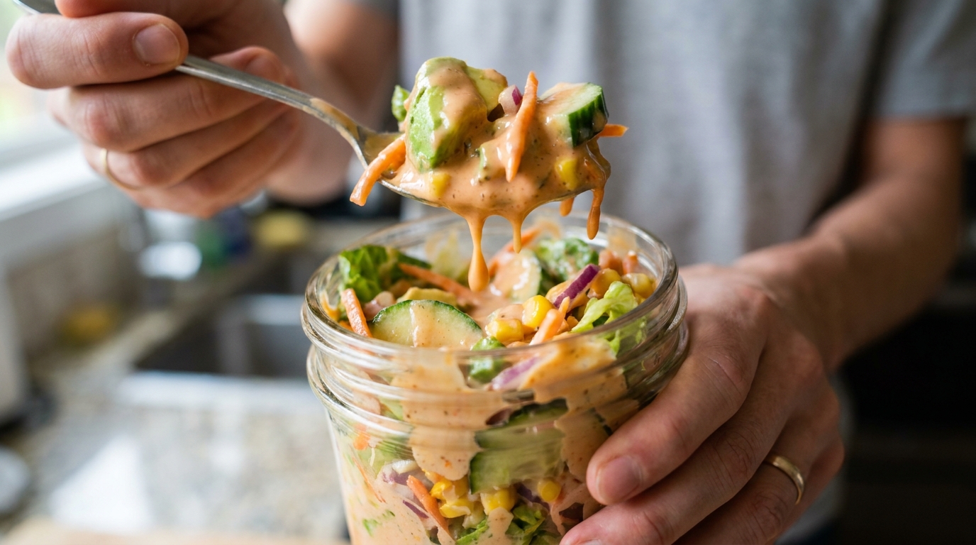 Cuchara con ensalada cremosa sobre frasco de vidrio