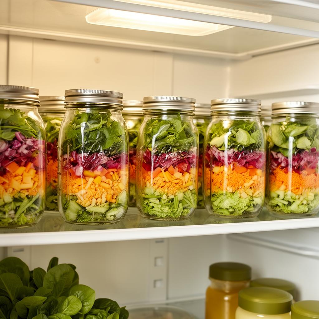 Nevera organizada con frascos de ensalada